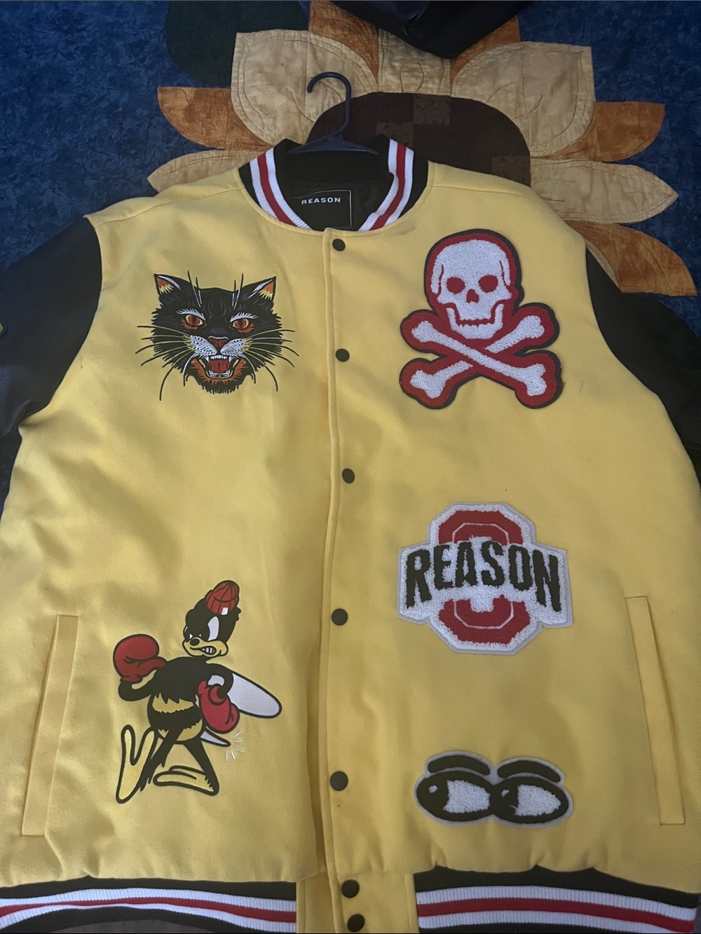 REASON Yellow & Black Appliqué Bomber Varsity Jacket